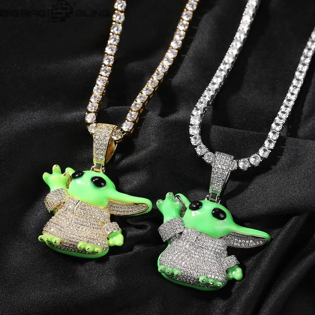 Iced Out Glow-in-the-Dark Baby Yoda Pendant BigBagBling