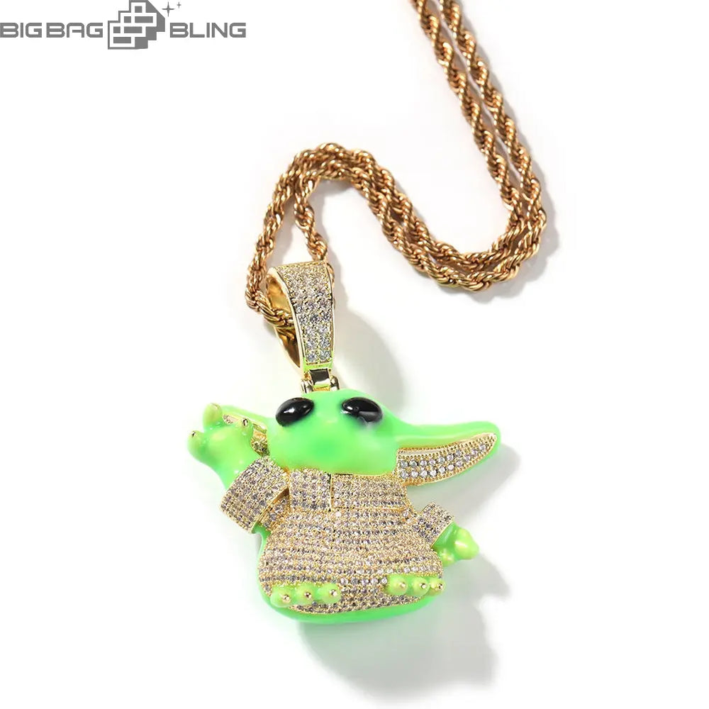 Iced Out Glow-in-the-Dark Baby Yoda Pendant BigBagBling