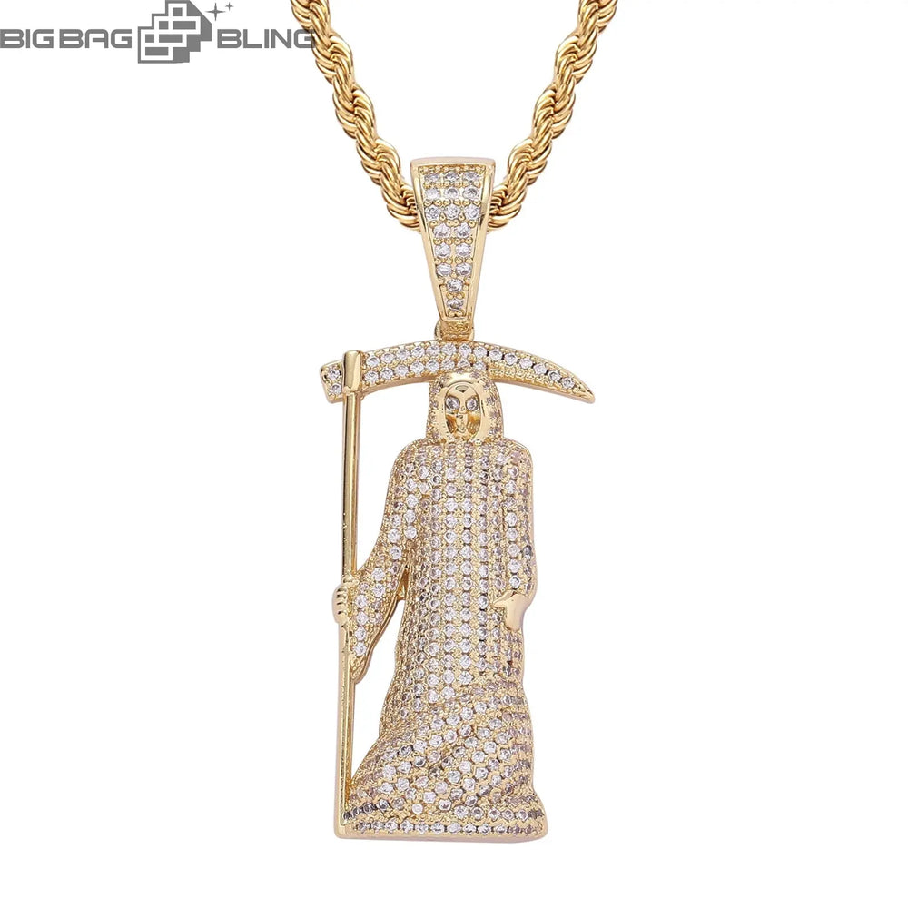 Iced Out Grim Reaper Scythe Pendant BigBagBling