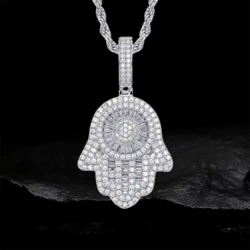 Iced Out Hamsa Hand Evil Eye Pendant BigBagBling