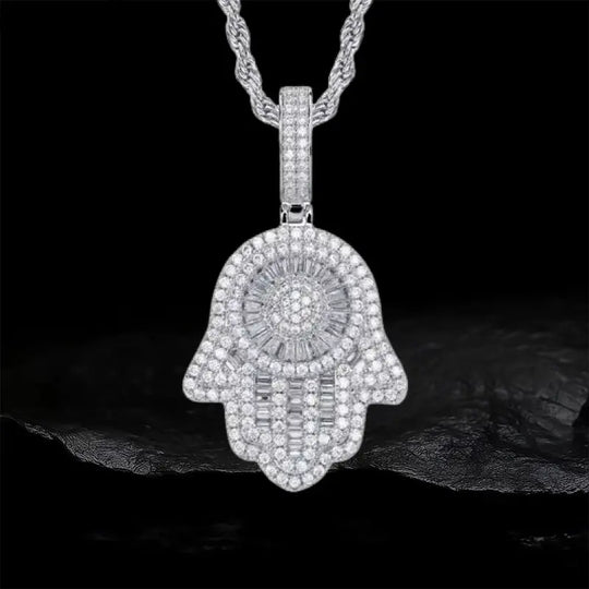 Iced Out Hamsa Hand Evil Eye Pendant BigBagBling