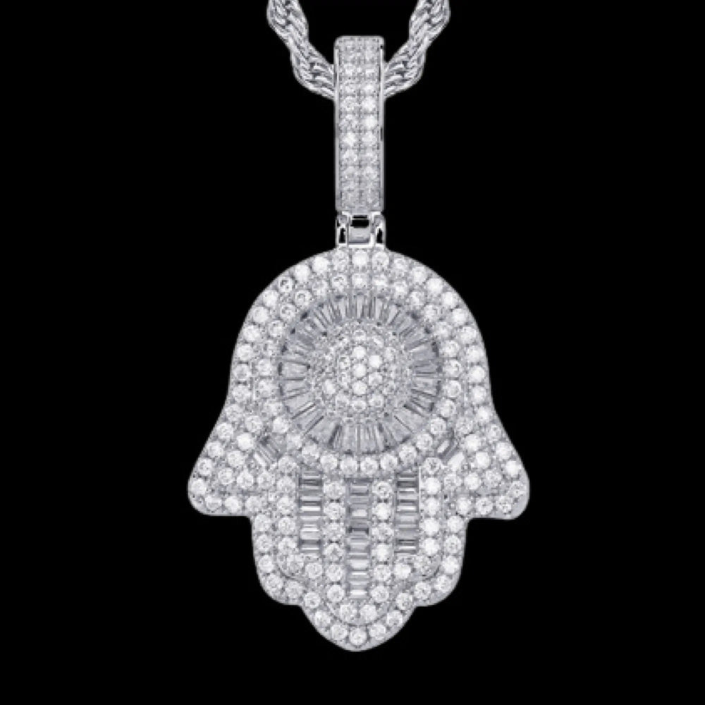 Iced Out Hamsa Hand Evil Eye Pendant