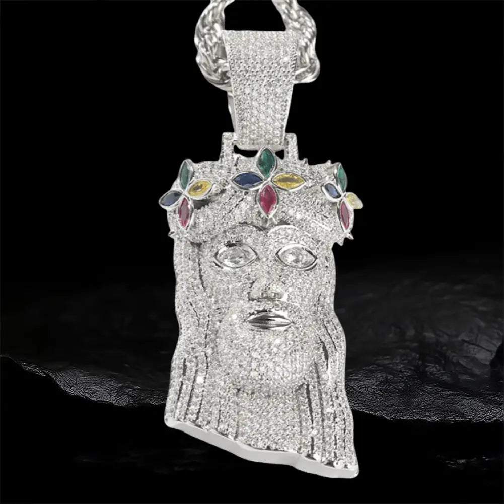 Iced Out  Jesus Head With Four Leaf Clover Pendant BigBagBling