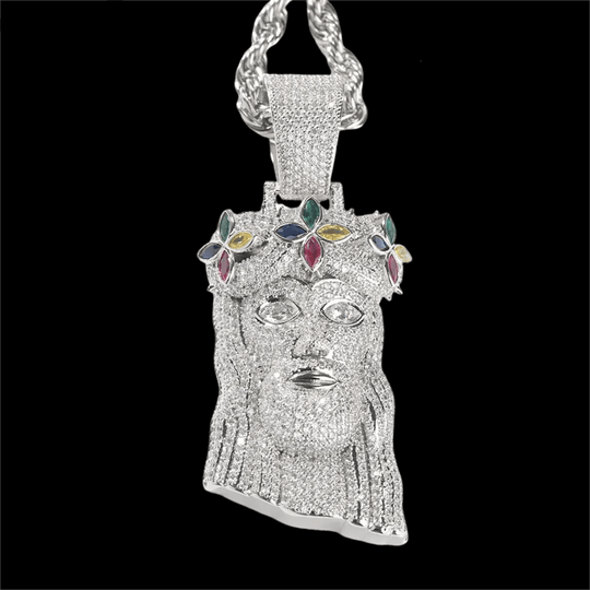 Iced Out  Jesus Head With Four Leaf Clover Pendant BigBagBling