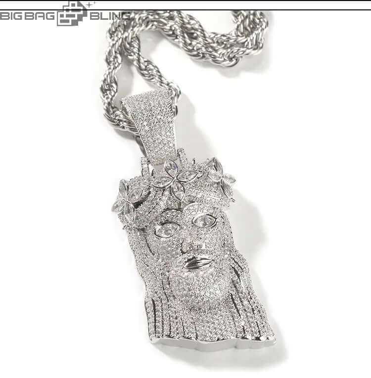 Iced Out  Jesus Head With Four Leaf Clover Pendant BigBagBling