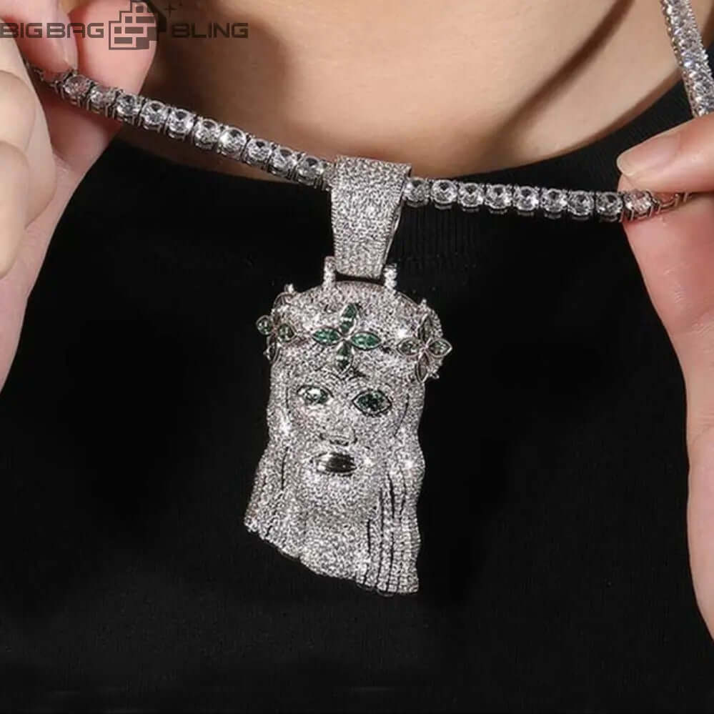 Iced Out  Jesus Head With Four Leaf Clover Pendant BigBagBling