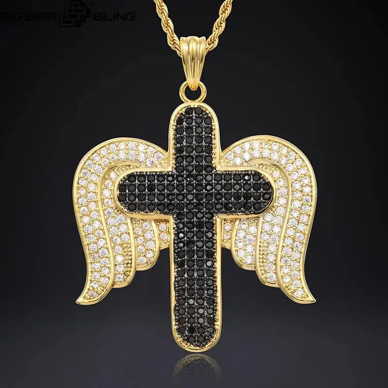 Iced Out Angle Wing Cross Pendant BigBagBling