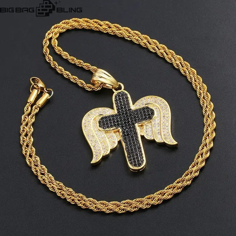 Iced Out Angle Wing Cross Pendant BigBagBling