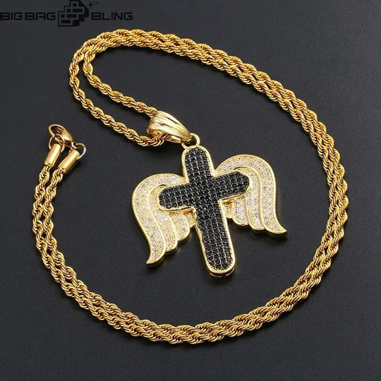 Iced Out Angle Wing Cross Pendant BigBagBling