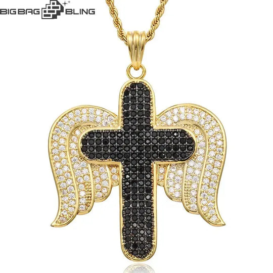 Iced Out Angle Wing Cross Pendant BigBagBling