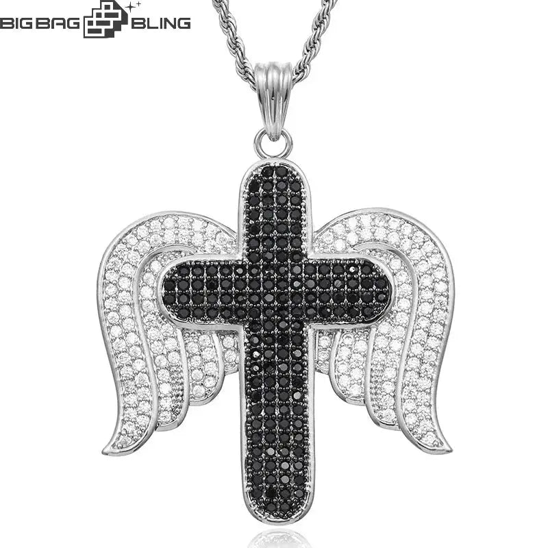 Iced Out Angle Wing Cross Pendant BigBagBling