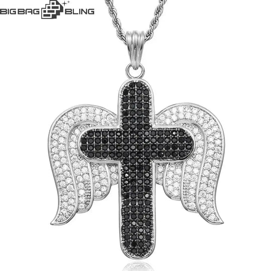 Iced Out Angle Wing Cross Pendant BigBagBling