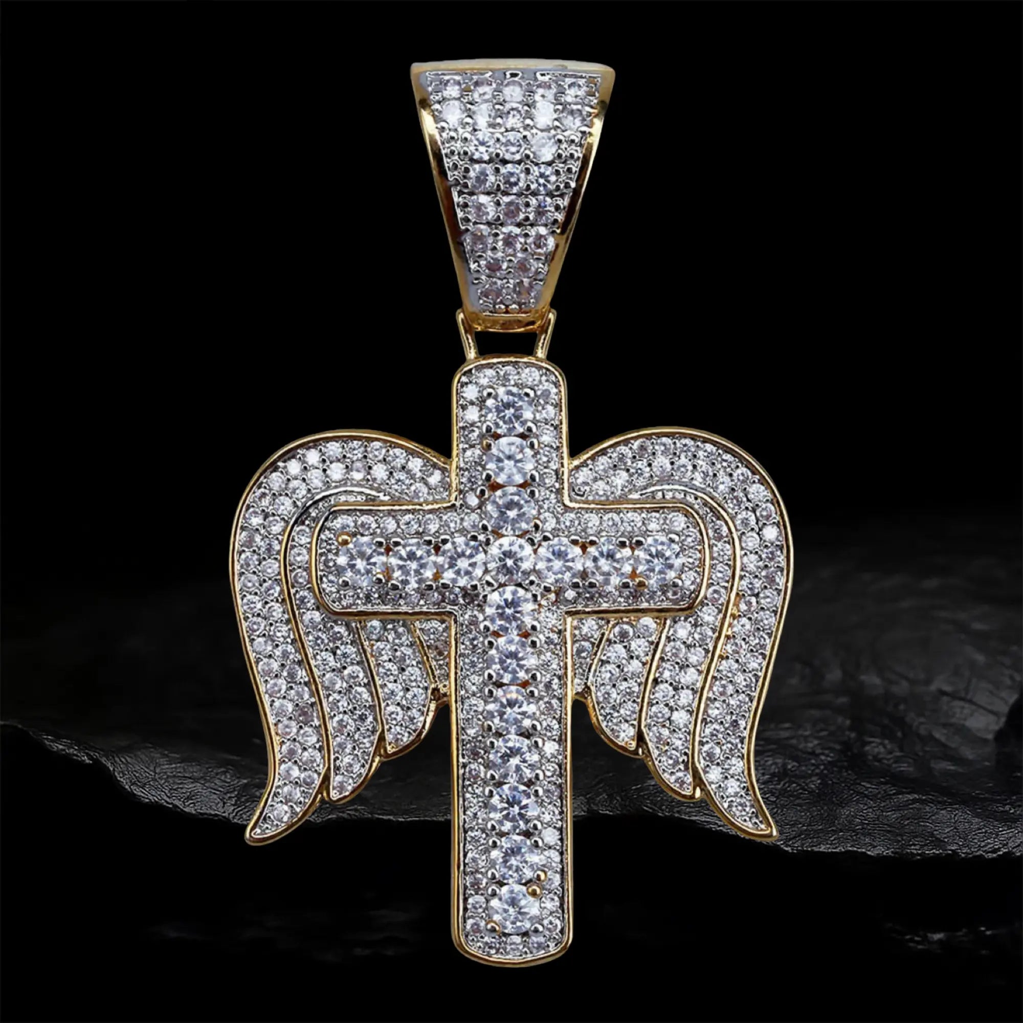 Iced Out Princess Cut Cross with Angel Wings Pendant BigBagBling