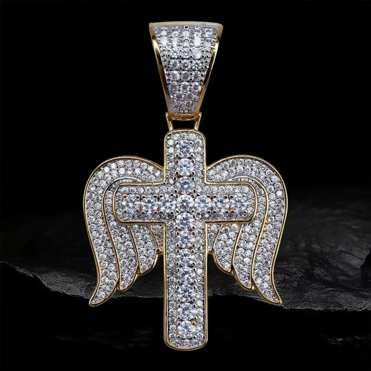 Iced Out Princess Cut Cross with Angel Wings Pendant BigBagBling