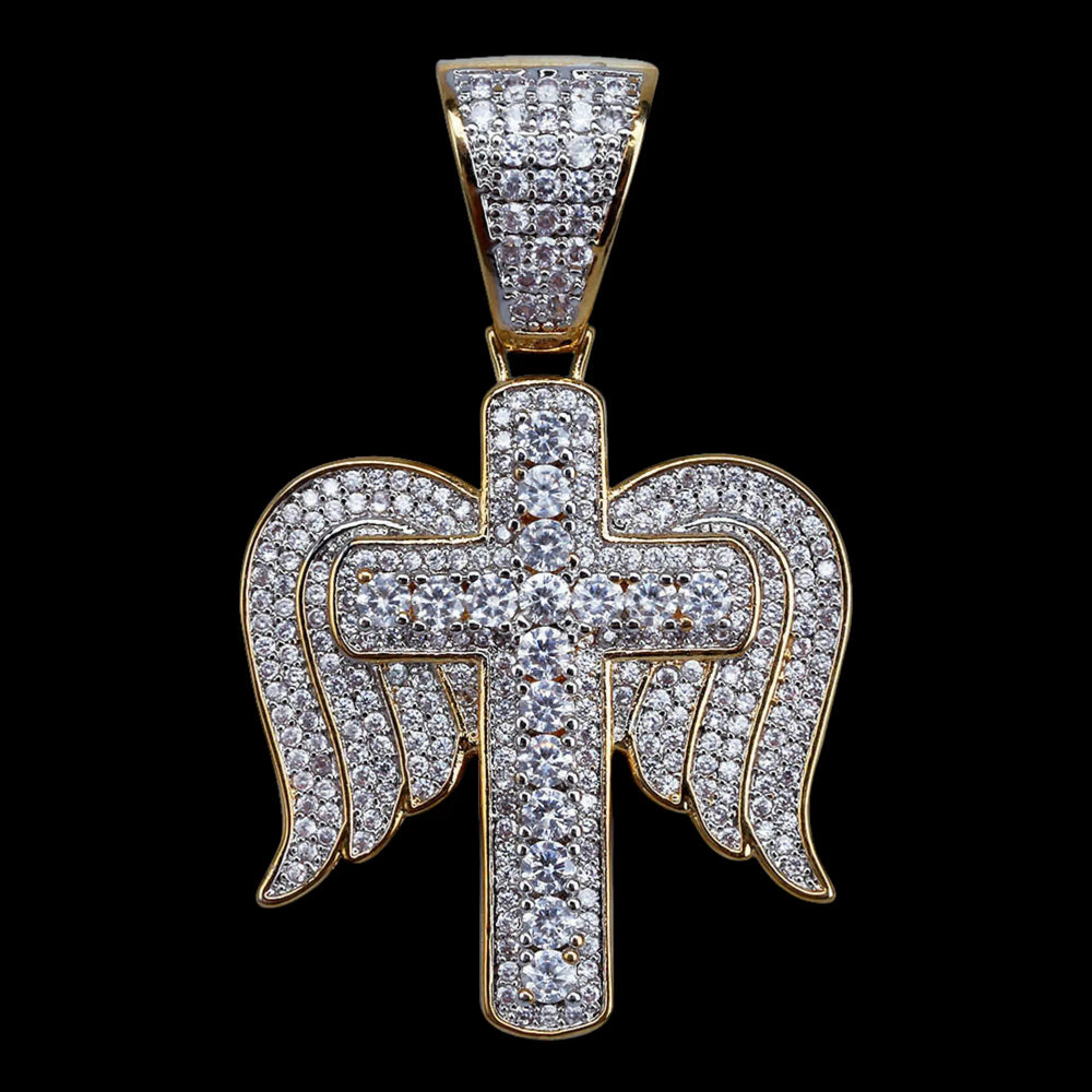 Iced Out Princess Cut Cross with Angel Wings Pendant