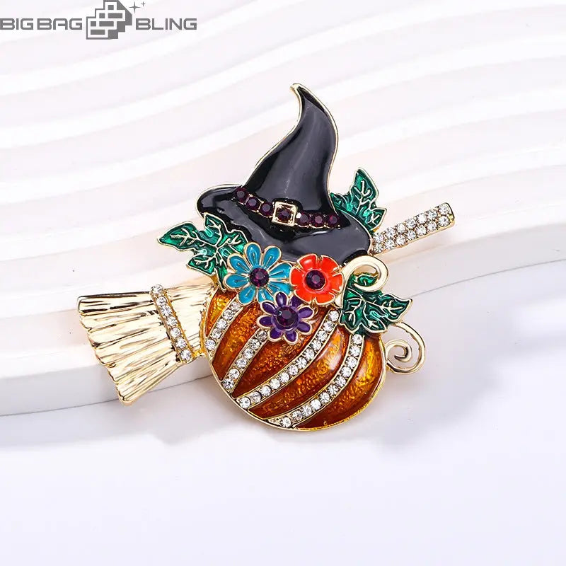 Iced Out Pumpkin Witch Brooch BigBagBling