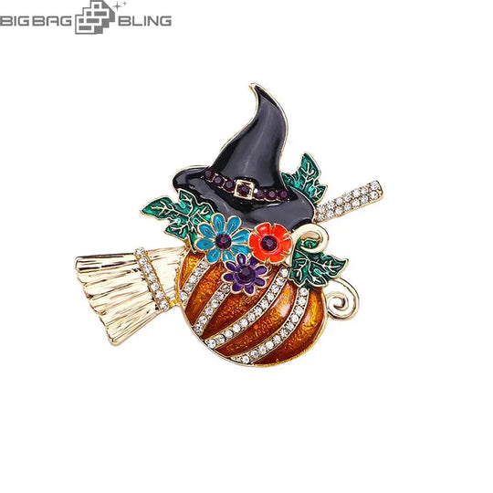 Iced Out Pumpkin Witch Brooch BigBagBling
