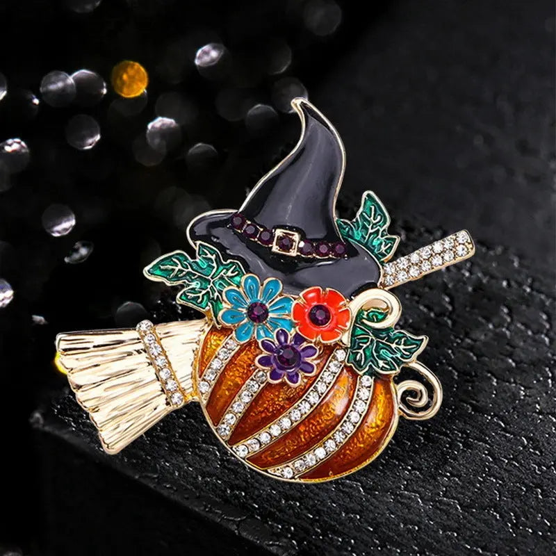 Iced Out Pumpkin Witch Brooch BigBagBling