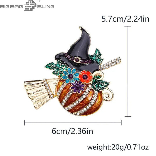 Iced Out Pumpkin Witch Brooch BigBagBling