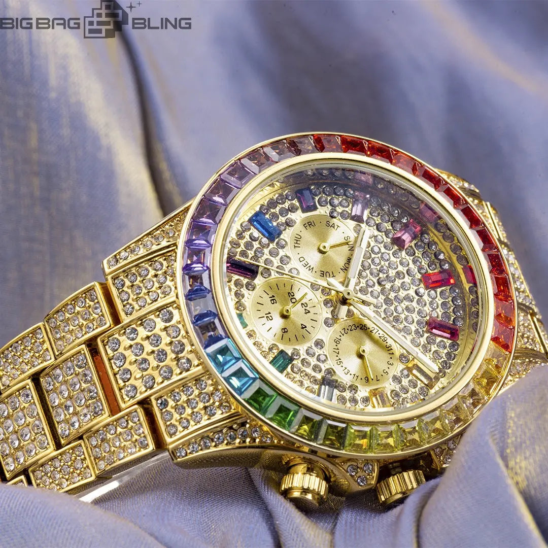 Iced Out Rainbow Chrono Watch BigBagBling