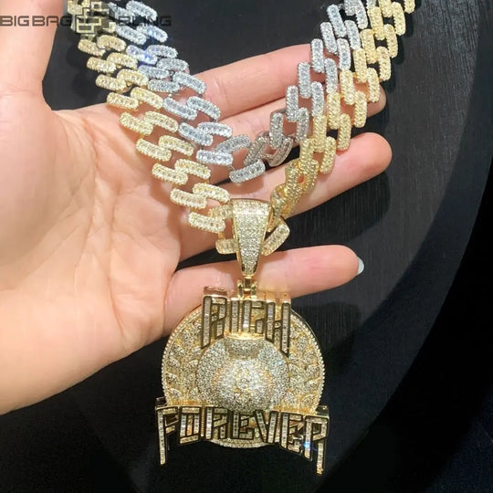 Iced Out Rich Forever Letter Pendant BigBagBling