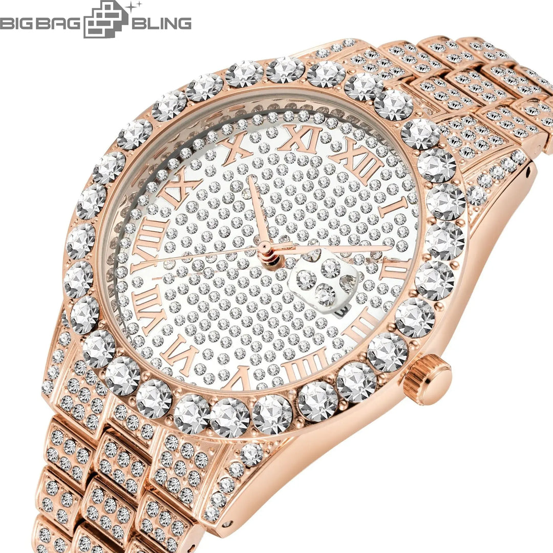 Iced Out Roman Dial Round Quartz With Calendar Watch BigBagBling