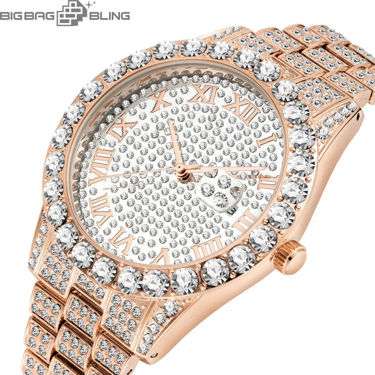 Iced Out Roman Dial Round Quartz With Calendar Watch BigBagBling