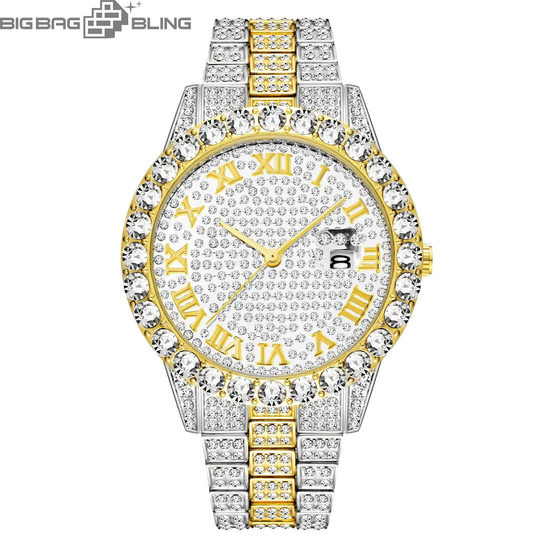Iced Out Roman Dial Round Quartz With Calendar Watch BigBagBling