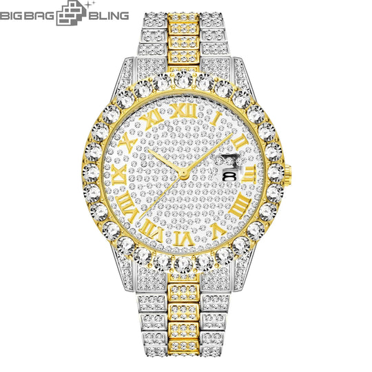 Iced Out Roman Dial Round Quartz With Calendar Watch BigBagBling