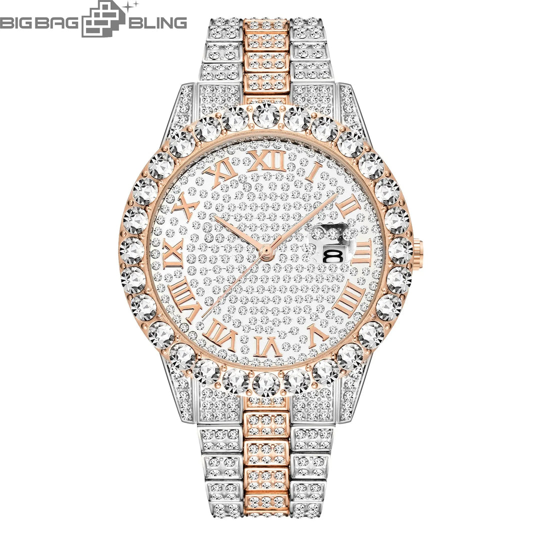 Iced Out Roman Dial Round Quartz With Calendar Watch BigBagBling