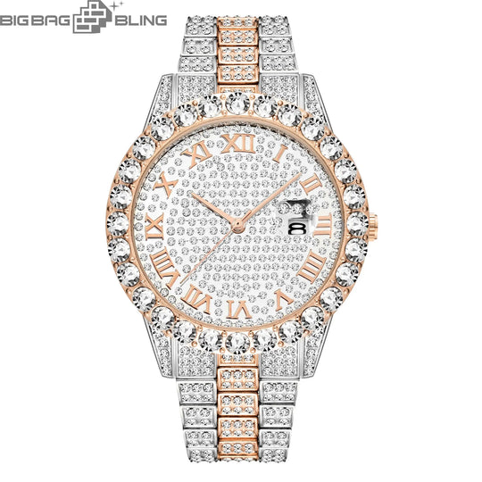 Iced Out Roman Dial Round Quartz With Calendar Watch BigBagBling