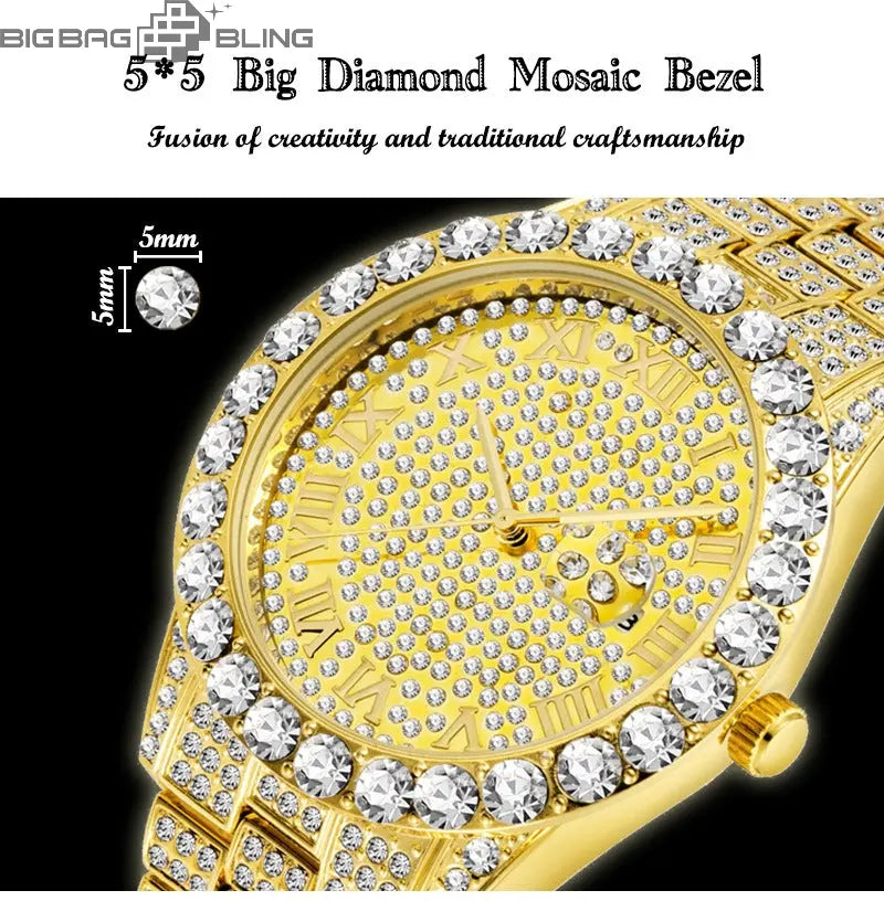 Iced Out Roman Dial Round Quartz With Calendar Watch BigBagBling