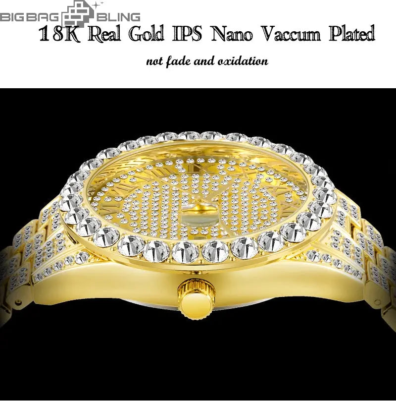 Iced Out Roman Dial Round Quartz With Calendar Watch BigBagBling