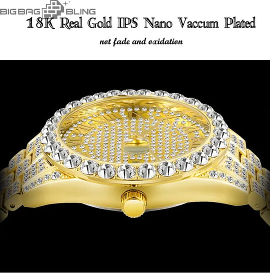Iced Out Roman Dial Round Quartz With Calendar Watch BigBagBling