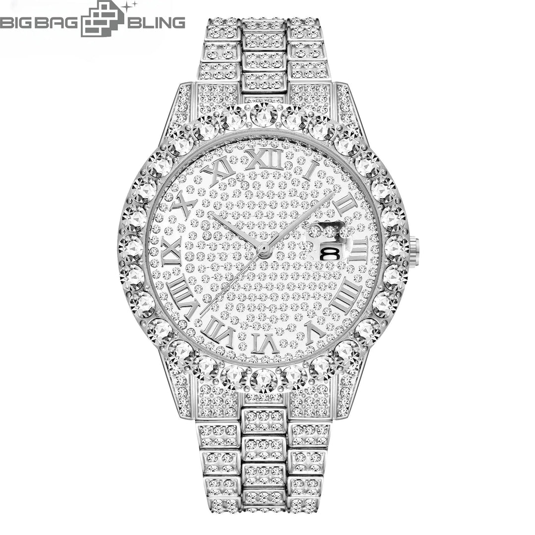 Iced Out Roman Dial Round Quartz With Calendar Watch BigBagBling