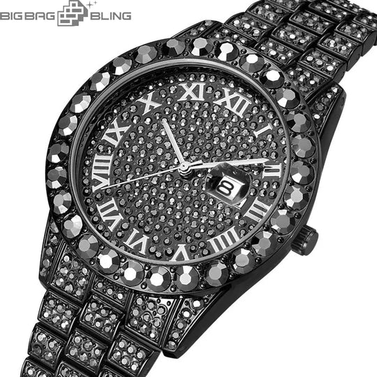 Iced Out Roman Dial Round Quartz With Calendar Watch BigBagBling
