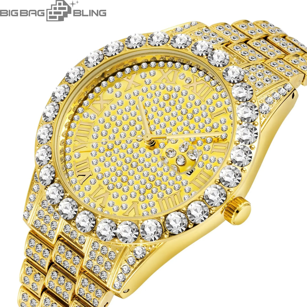 Iced Out Roman Dial Round Quartz With Calendar Watch BigBagBling