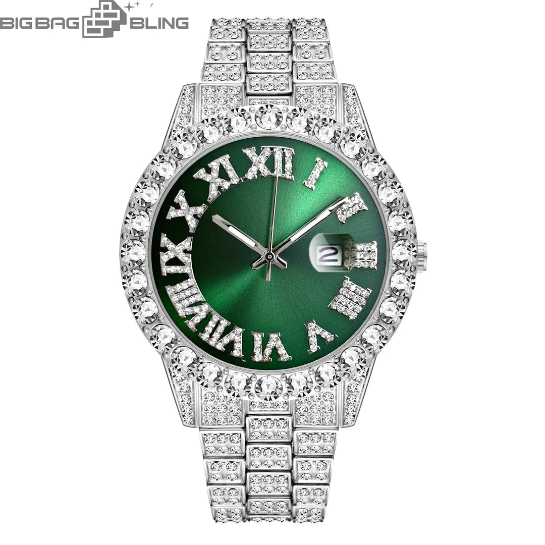 Iced Out Roman Quartz Watch in White Gold BigBagBling