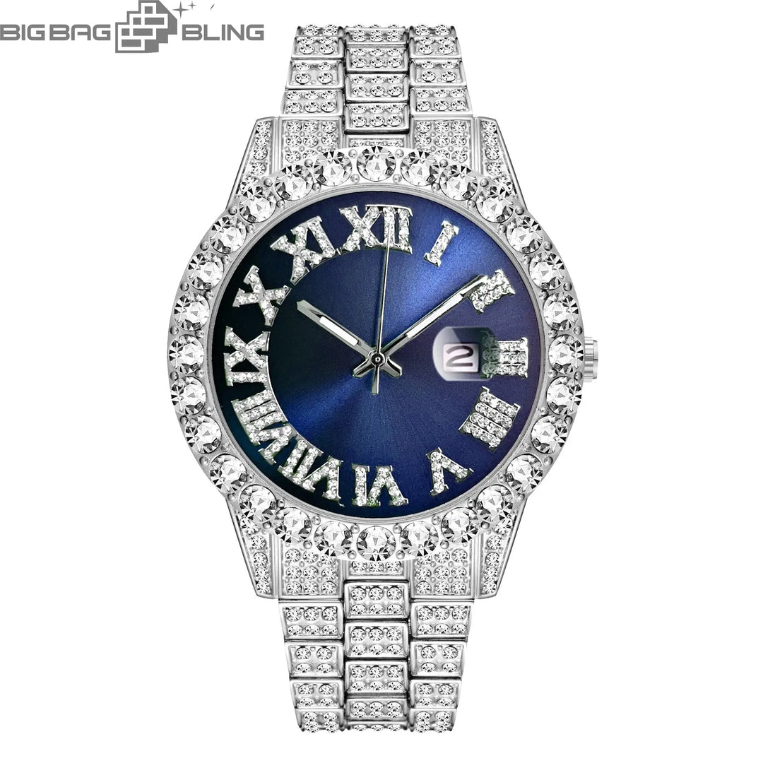 Iced Out Roman Quartz Watch in White Gold BigBagBling