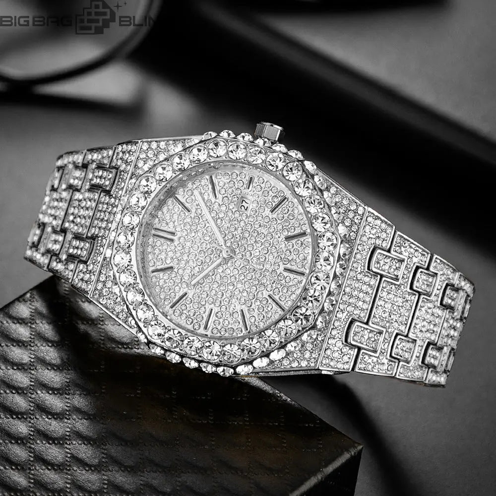 Iced Out Round Cut Luminous Men's Numerals Watch BigBagBling