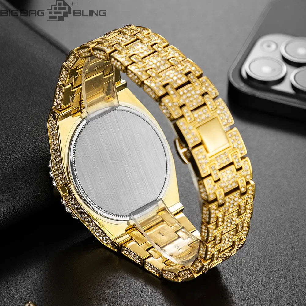 Iced Out Round Cut Luminous Men's Numerals Watch BigBagBling