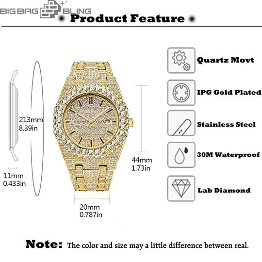 Iced Out Round Cut Luminous Men's Numerals Watch BigBagBling