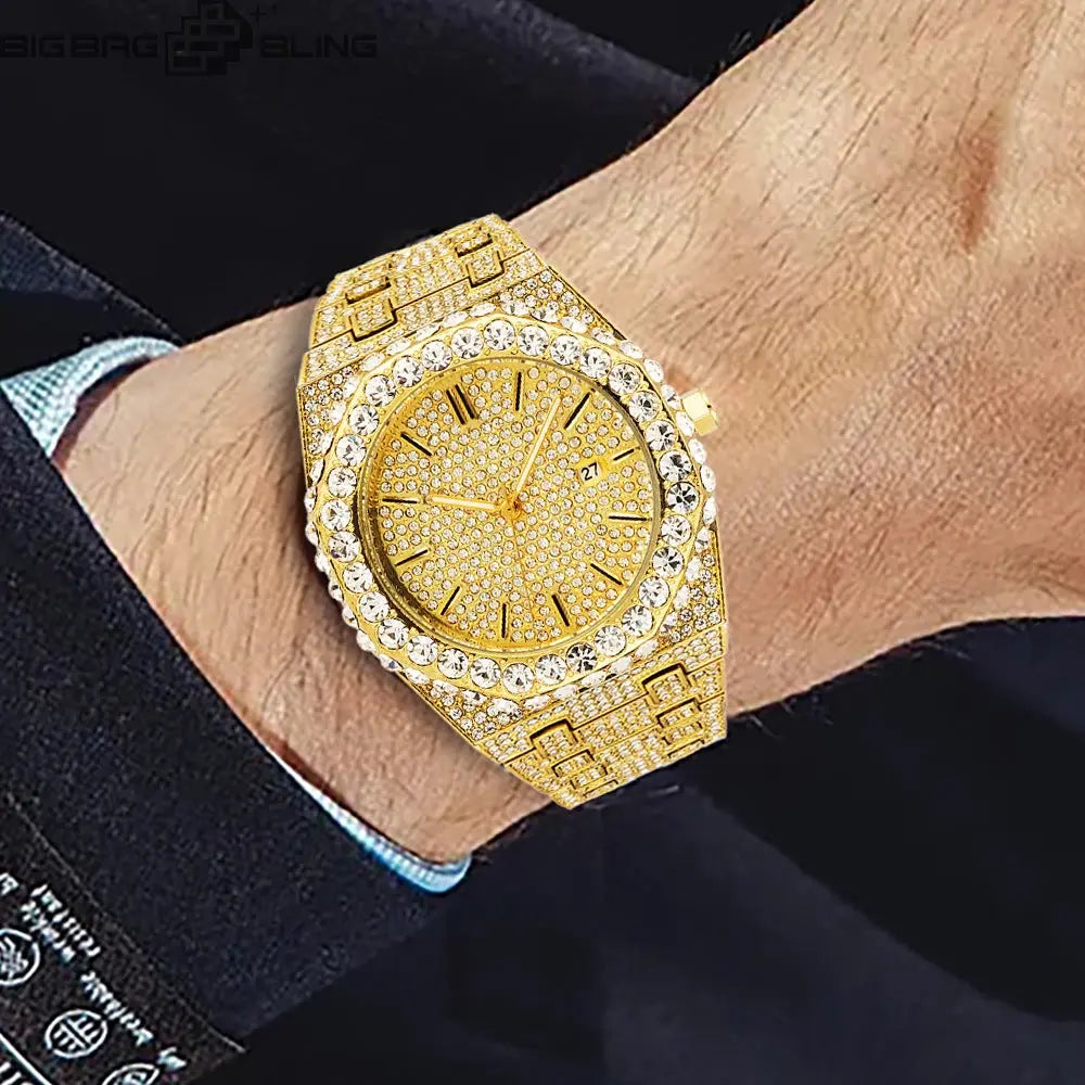 Iced Out Round Cut Luminous Men's Numerals Watch BigBagBling
