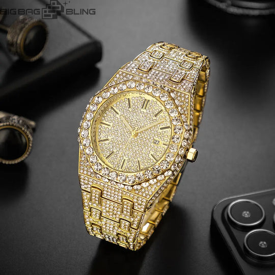 Iced Out Round Cut Luminous Men's Numerals Watch BigBagBling