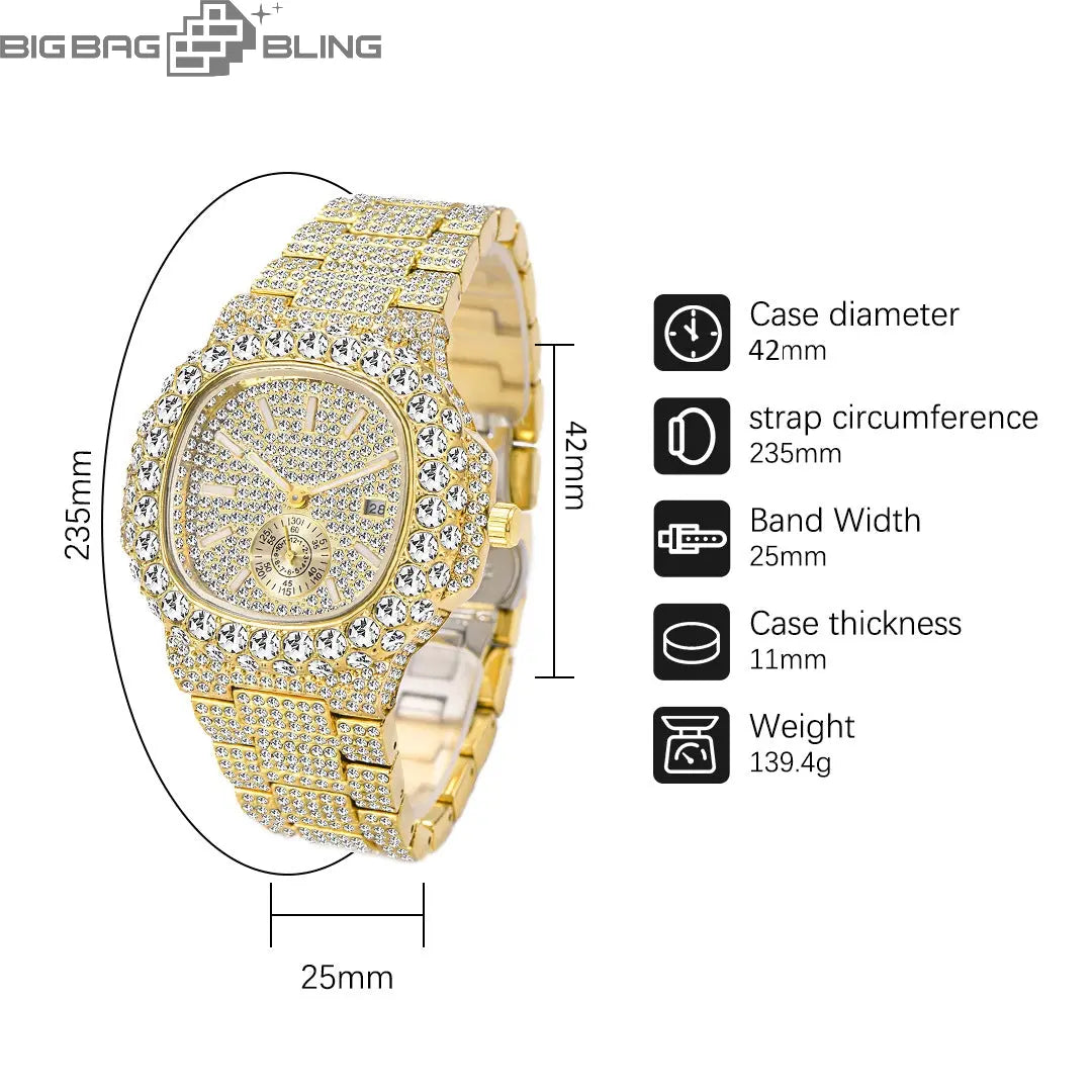 Iced Out Square Dial Quartz Watch BigBagBling