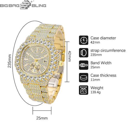 Iced Out Square Dial Quartz Watch BigBagBling
