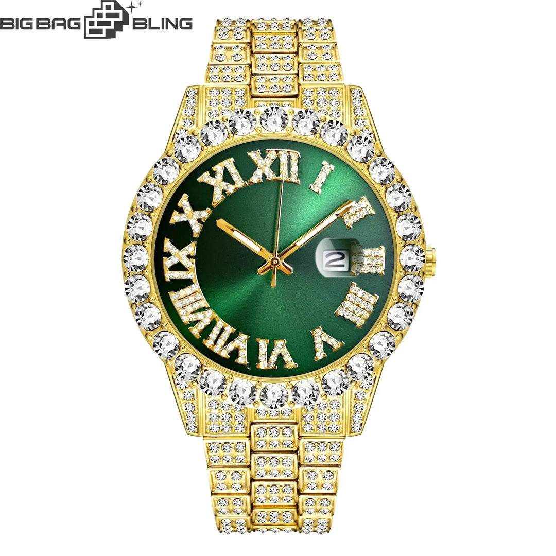 Iced Out Roman Quartz Watch in Gold BigBagBling
