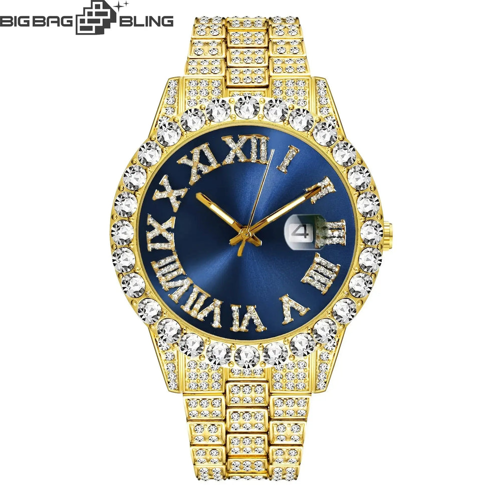 Iced Out Roman Quartz Watch in Gold BigBagBling