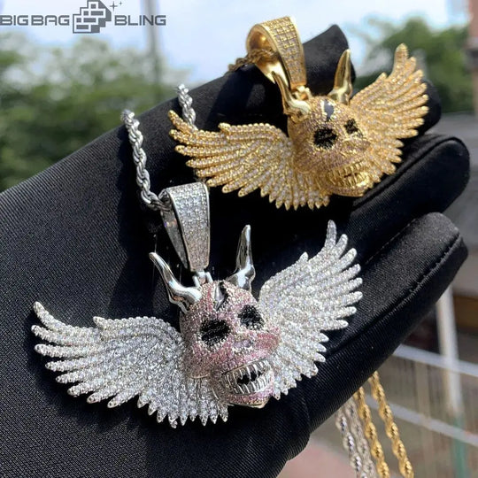 Iced Out Winged Skull Pendant BigBagBling