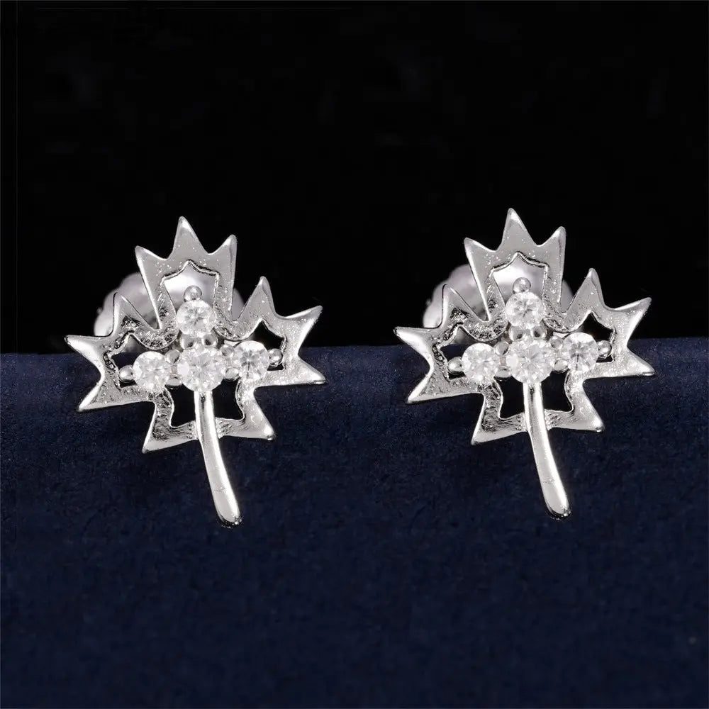 Sterling Silver Moissanite Maple Leaf Shape Earrings